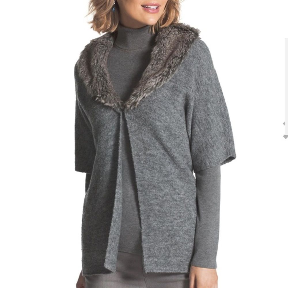 Chico’s Gray Lillian Faux Fur Neck Short Sleeve Knit Cardigan Sweater 0 S